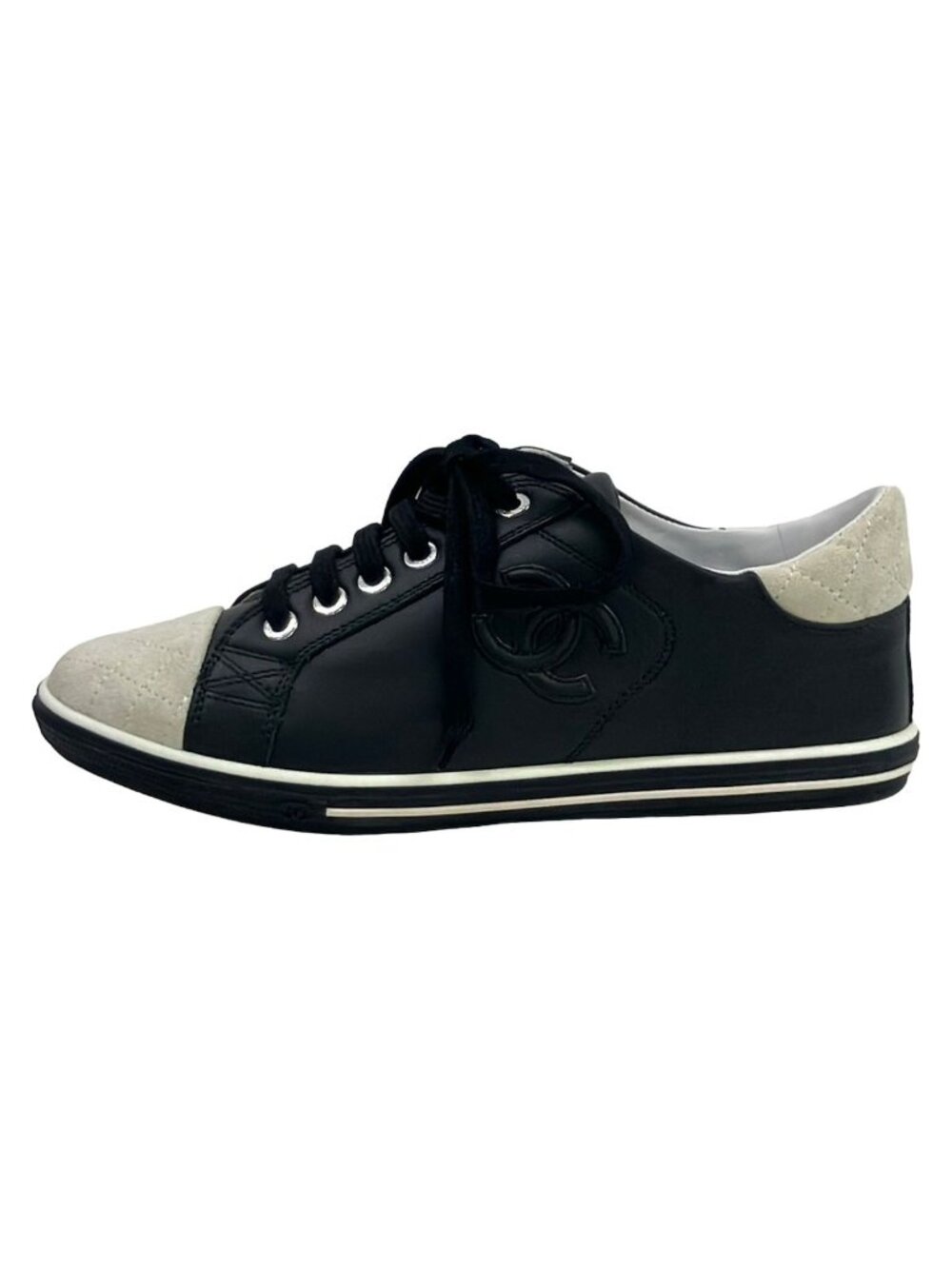 Chanel Sneakers Black White CC Logo Leather